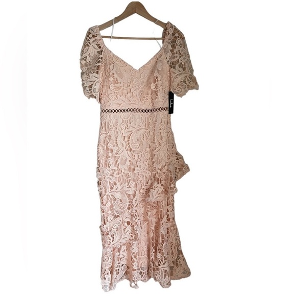 Lulus Briarwood Blush Pink Lace Ruffled Midi Dress M7. - Picture 4 of 16